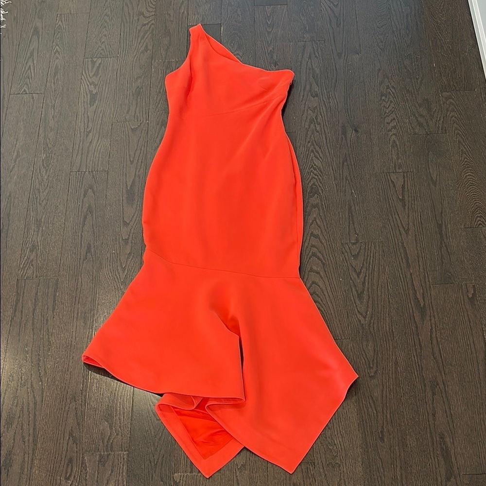 cinq a sept One-Shoulder Asymmetrical Gown in Vibrant Orange